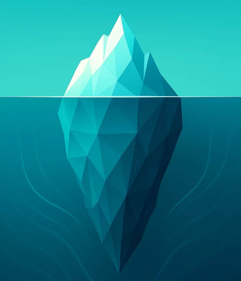 Iceberg illustration with a small peak above the water and a much larger mass below