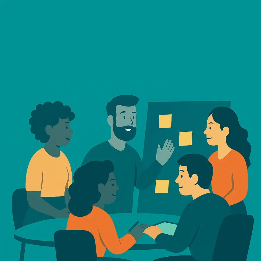 Illustration of a diverse team in a workshop around a board of sticky notes